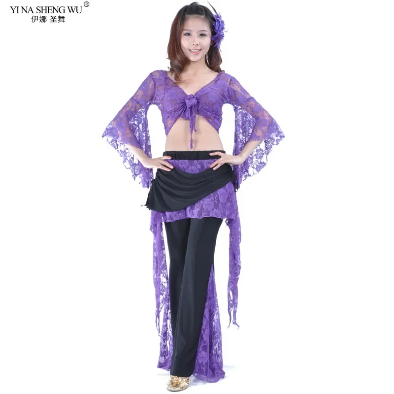 Belly Dance Costume Set For Women Lace Butterfly Sleeve Belly Dance Wear Adult Female Practice Top And Pants