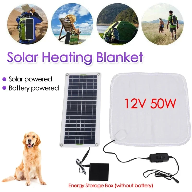 Manta calefactora eléctrica alimentada por Panel Solar de 12V y 50W, calentador de invierno para perros y gatos, calentador para mascotas con batería para interiores y exteriores