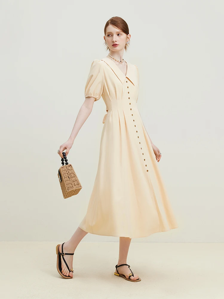 FSLE Temperament Lange Frauen Solide Plissee X-LINE Röcke 2023 Sommer Büro Dame Taste Design Polo Neck Puff Sleeve kleid