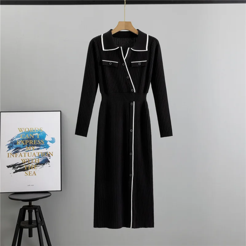 Women Dress Full Sleeve Button Knit Splice Long Dresses High Waist Thick Solid Elegant Vestidos A Line Casual Office Lady