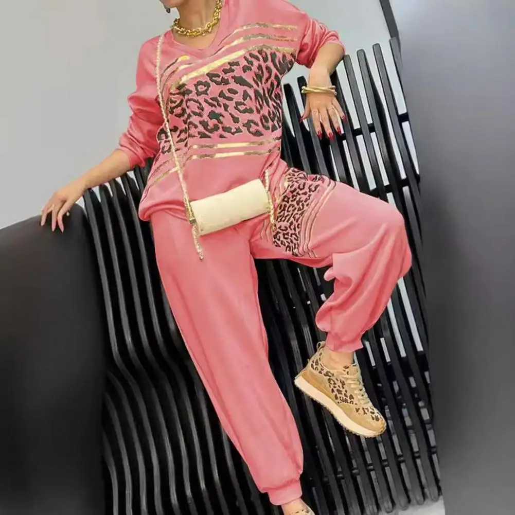 Spring Tracksuit Bronzing Leopard Print Sweatshirt Elastic Waist Sweatpants Set for Women V Neck Long Sleeves Outfit Autumn