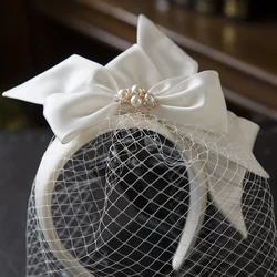 New White bridal hairband Mesh Satin Bow Headband Vintage Fairy Bridal Wedding hair Accessory