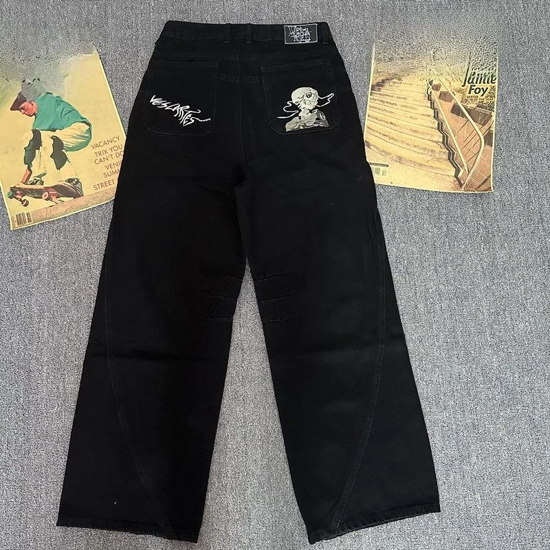 Street Style Embroidered Skull Pattern Loose Fit Straight Leg Men's Jeans Spring Autumn Vintage Trend Cotton Polyester Blend