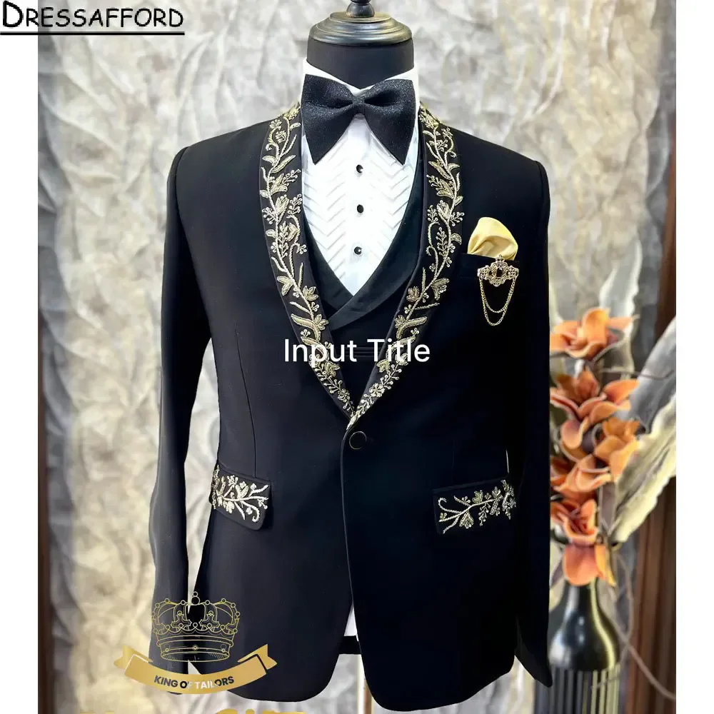 Black Formal Men Suits 2 Piece Floral Appliques Fashion Business Casual Wear Party Wedding Groom Tuxedo Jacket And Pants