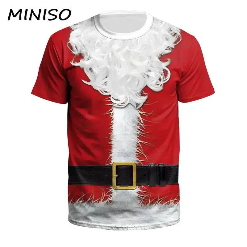 MINISO Cosplay Santa Claus Costume Couple T-Shirt Christmas Graphic Tee Muscles Print Novelty Top Unisex Clothes Xmas Gifts