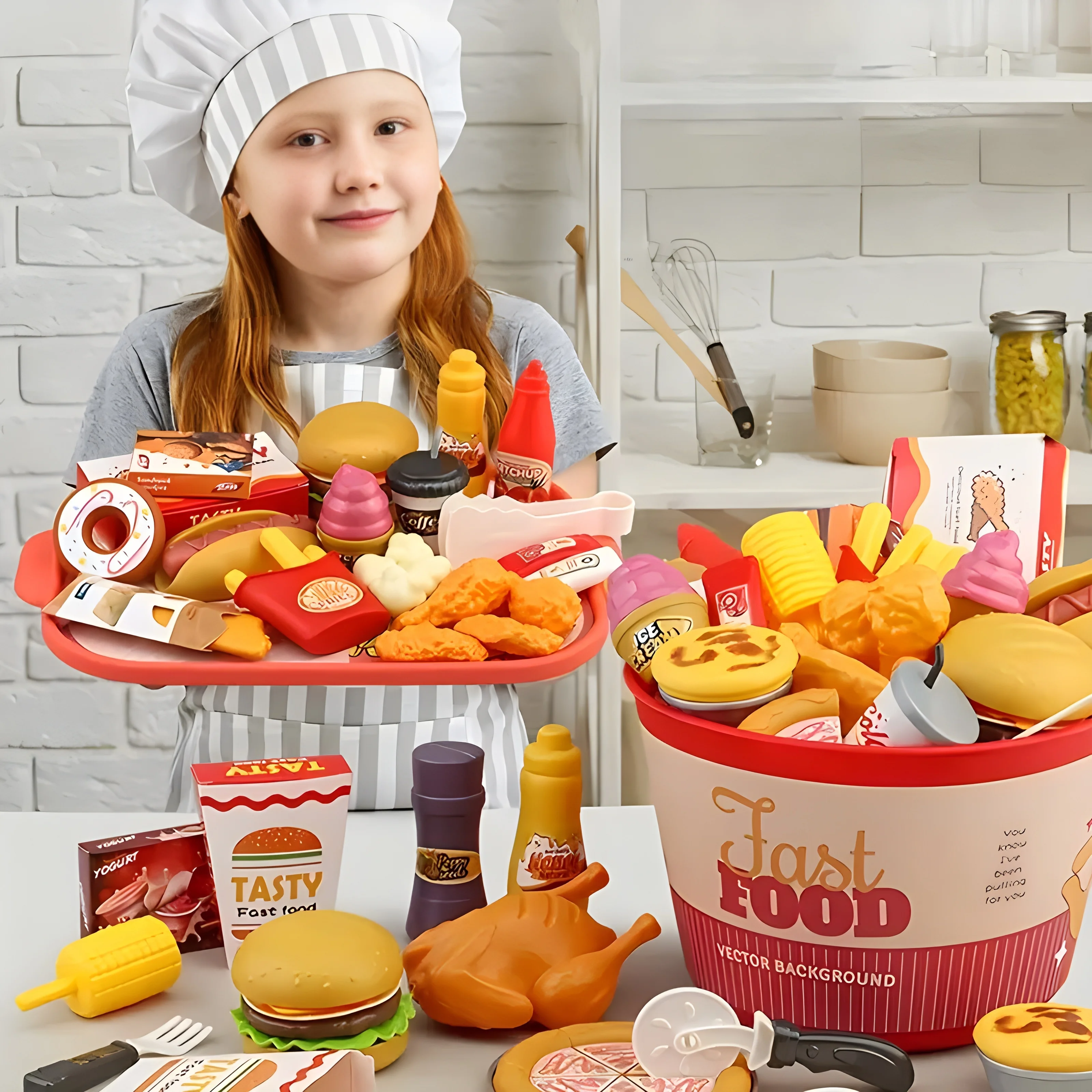 子供のための高速なキッチンクッキングセット,インタラクティブなハンバーガーとフライドチキンのおもちゃ,完璧な休暇の贈り物