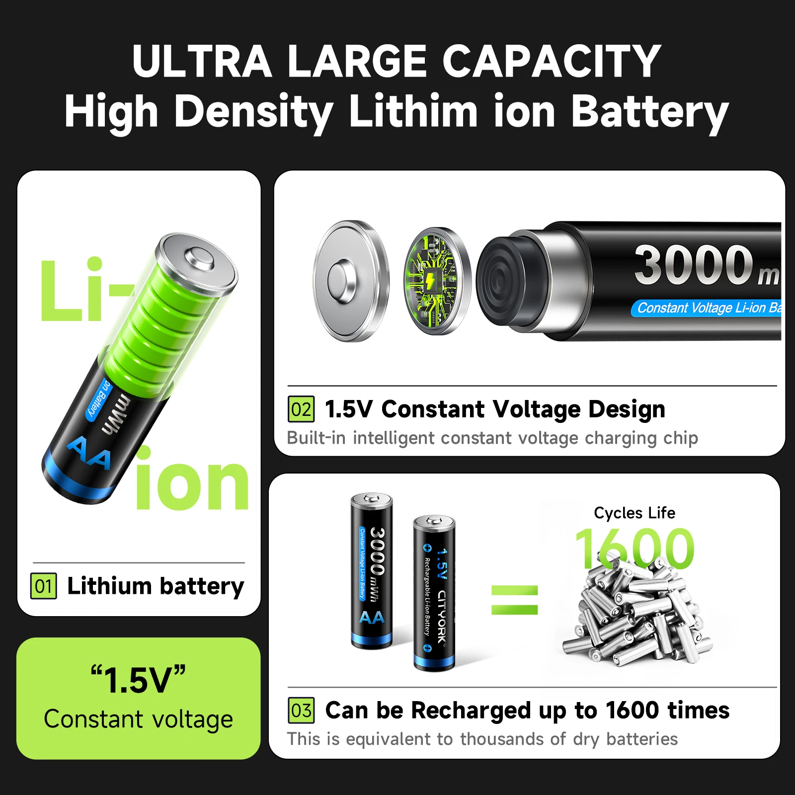 CITYORK 1,5 V Li-ion AA batería recargable 3000mWh litio 2A baterías de iones de litio + 4 ranuras caja de carga inteligente para batería aa aaa