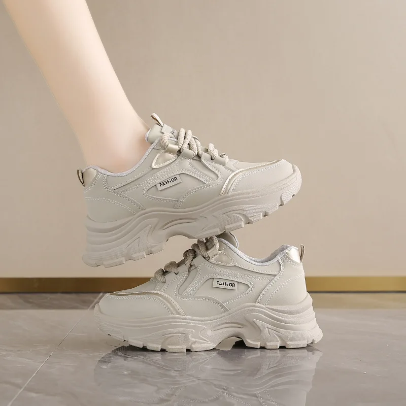 Women's Leather Low-Top Dad Shoes Breathable Spring Autumn Casual Running Sports Increase Height Middle-Aged Young