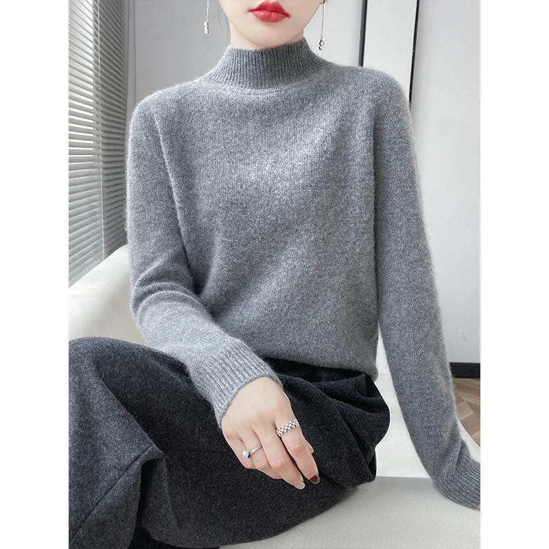 100% Merino Wool Sweater Women's Fall/Winter Half-neck Pullover Loose Knitted Bottom Shirt Long Sleeve Thickened Cashmere Top