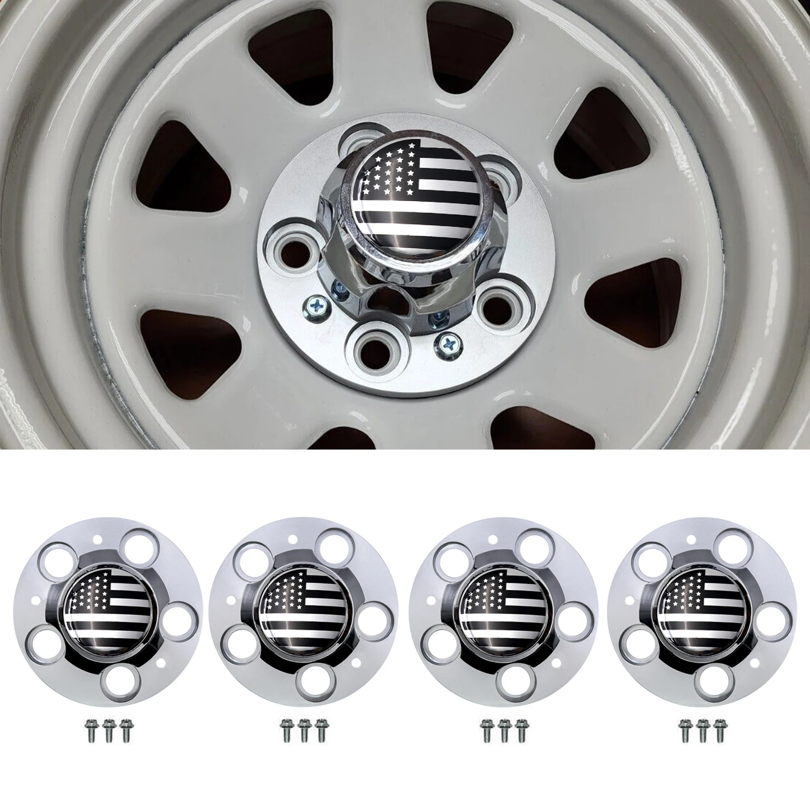 

4PCS 6 3/4" Hubcaps with US Flag Decal Fits for Chevy Car Truck 5 Lug 15" 15x8 15x7 Rally Wheel Center Hub Caps Cover 560-994