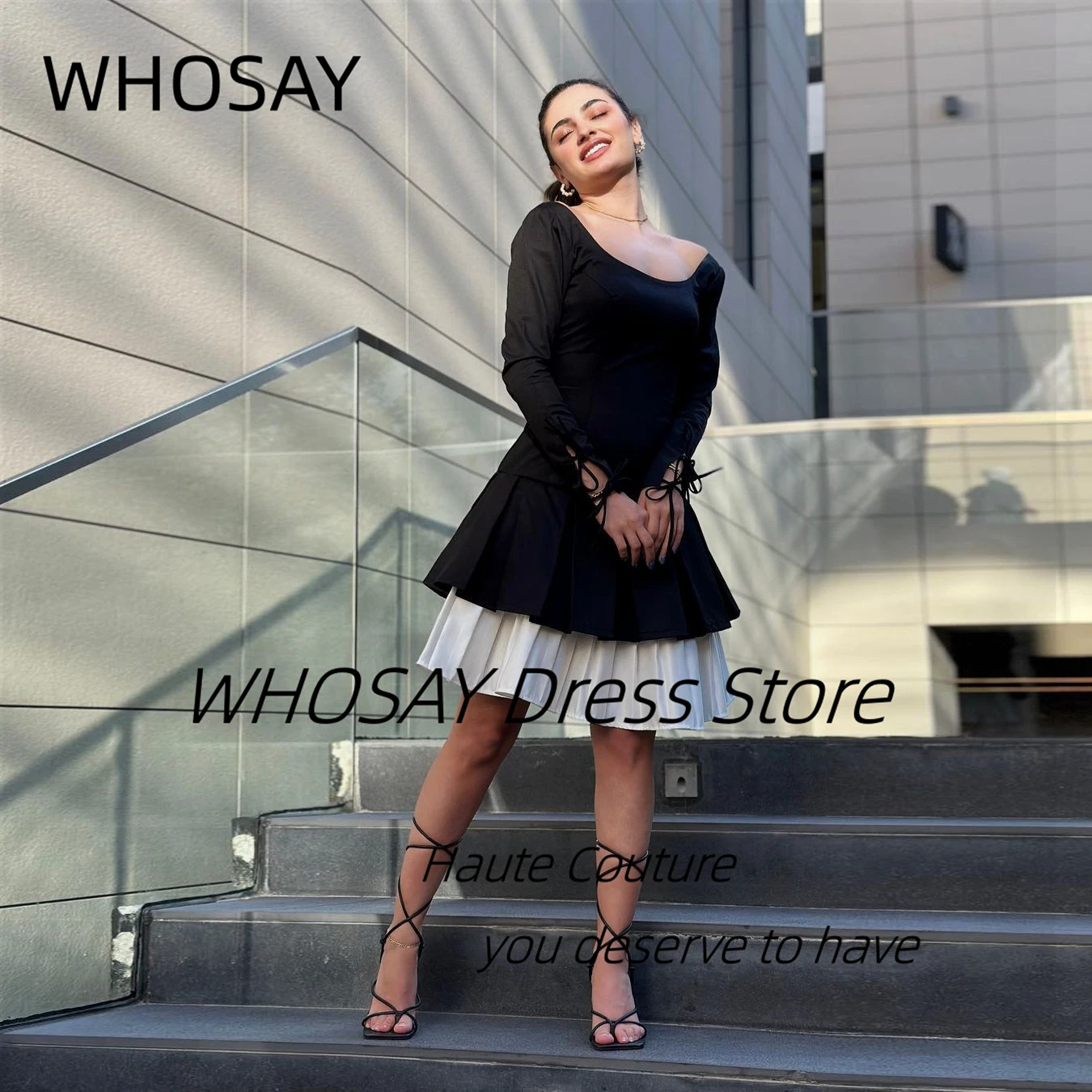 

WHOSAY Saudi Party Black Prom Dresses Long Sleeves Scoop Neck Graduation Homecoming Dress A Line Pleats Evening Gowns