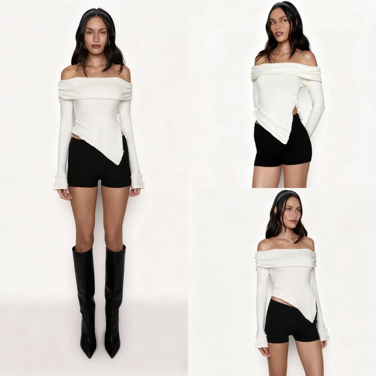 Guizi Autumn and Winter Off-Shoulder Knit Top Soft and Elastic White Sweater Fashionable Versatile Winter Wool Sweater Irregular Hem Slit Design Sexy Autumn Sweater