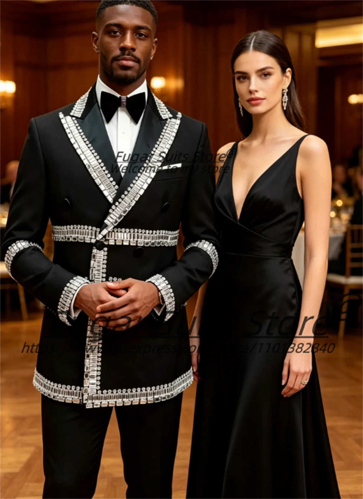 Luxurious Double Breasted Silver Rhinestone Men Suits Customized Slim Fit Peak Lapel Groom Wedding Tuxedos 2Pcs Sets Ropa Hombre