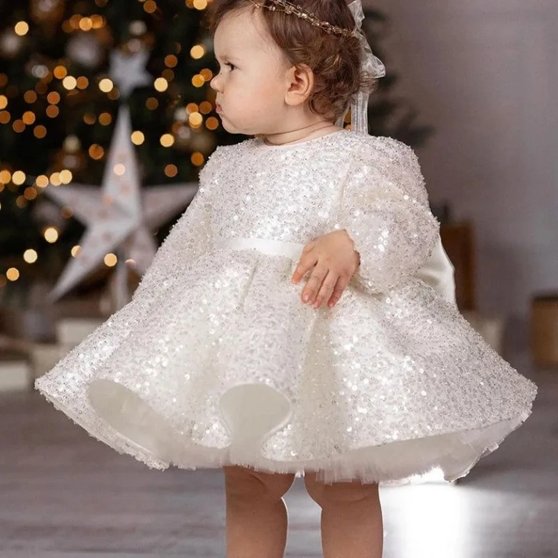 Lovely Flower Girl Dress White Glitter Sequined Long Sleeves Bow Baby Girl Princess Wedding Birthday Party First Communion Dress