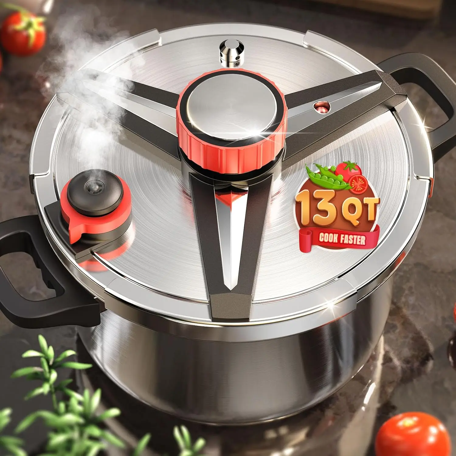 

13 QT Stainless Steel Pressure Cooker with One-Hand Operation, Saves 70% Cooking Time, Includes Steam Rack