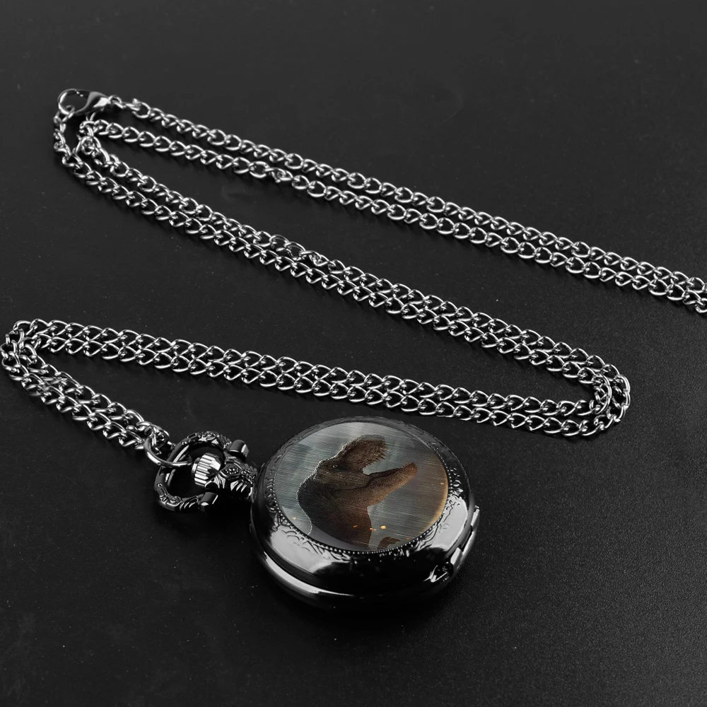 Dinosaur Park Glass Dome Quartz Pocket Watch With Durable Chain Arabic Numeral Dial Halloween Gifts for Men Women Kids