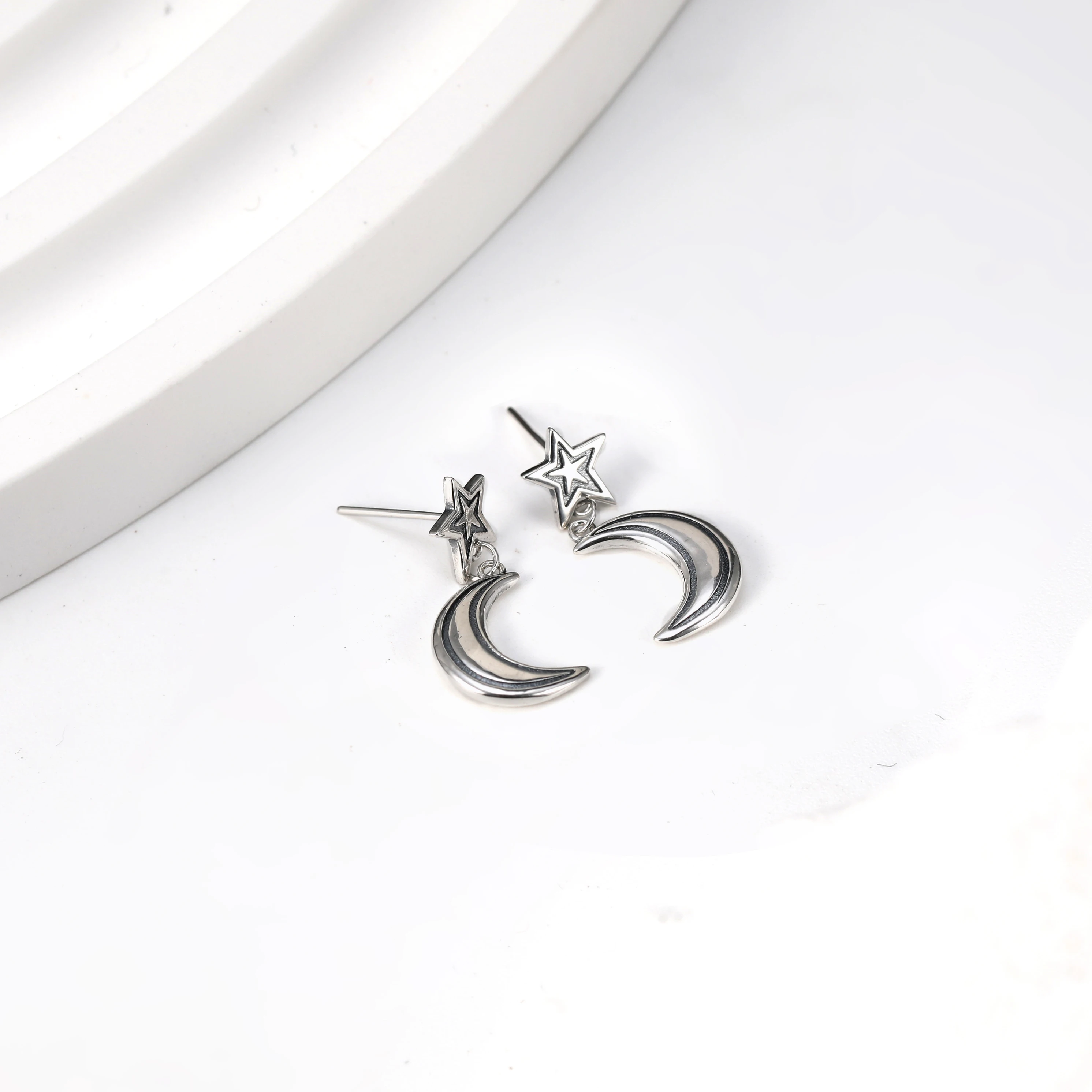 S925 Sterling Silver Star Moon Stud Earrings for Women, Crescent Celestial Carved Hypoallergenic Bohemian Jewelry Gift