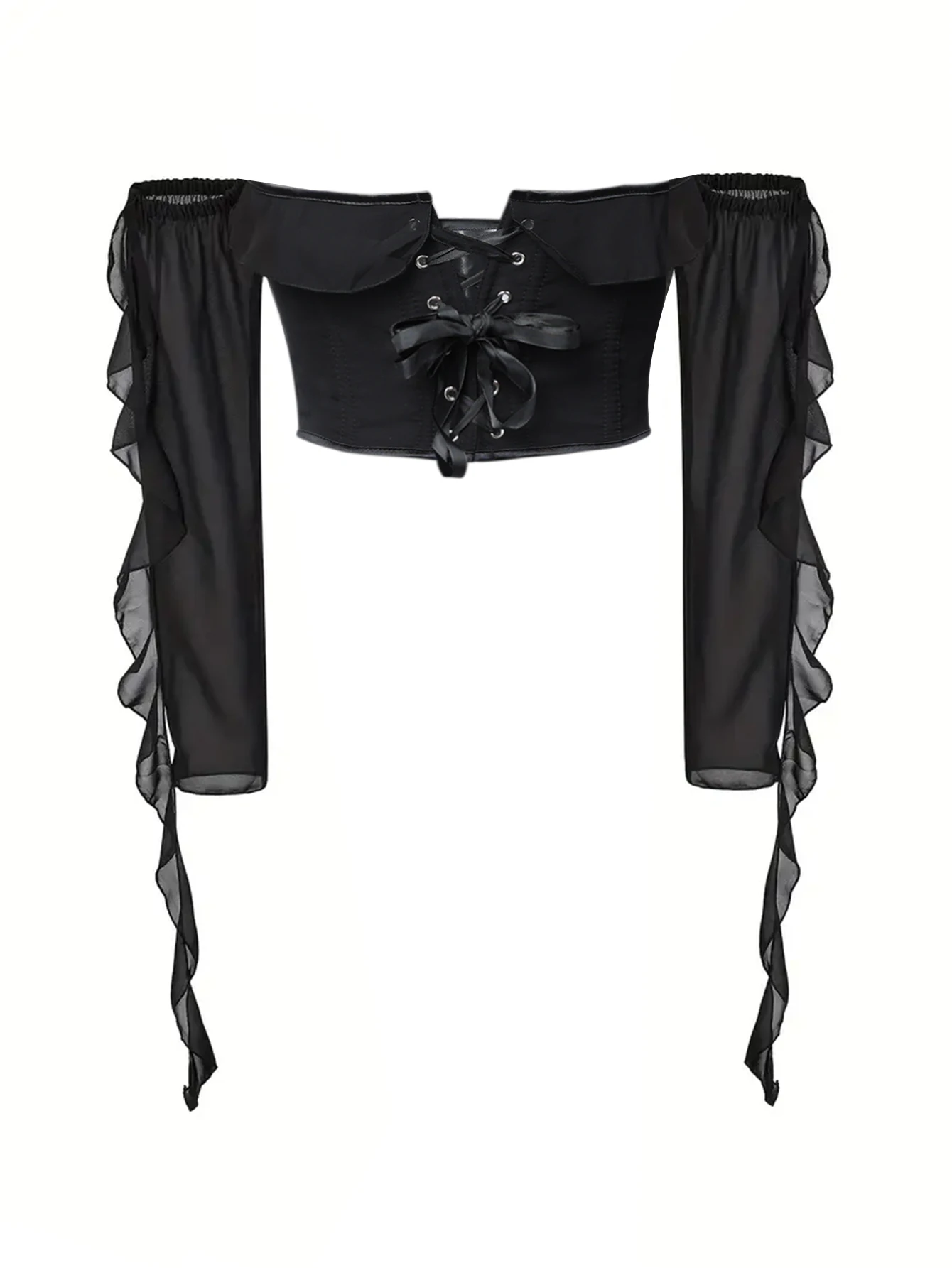 Elegant Off Shoulder Sheer Ruffle Chiffon Sleeve Corset Top Front Hook Back Ribbon Lace Up Wedding Guest Evening Bustier