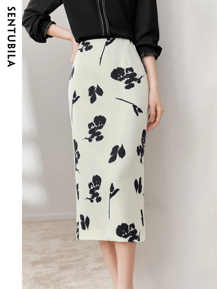 

SENTUBILA Elegant Floral Pencil Skirts for Woman 2024 Autumn Office Ladies Midi Slit Print Skirt Women Simple Clothing M33Q50195