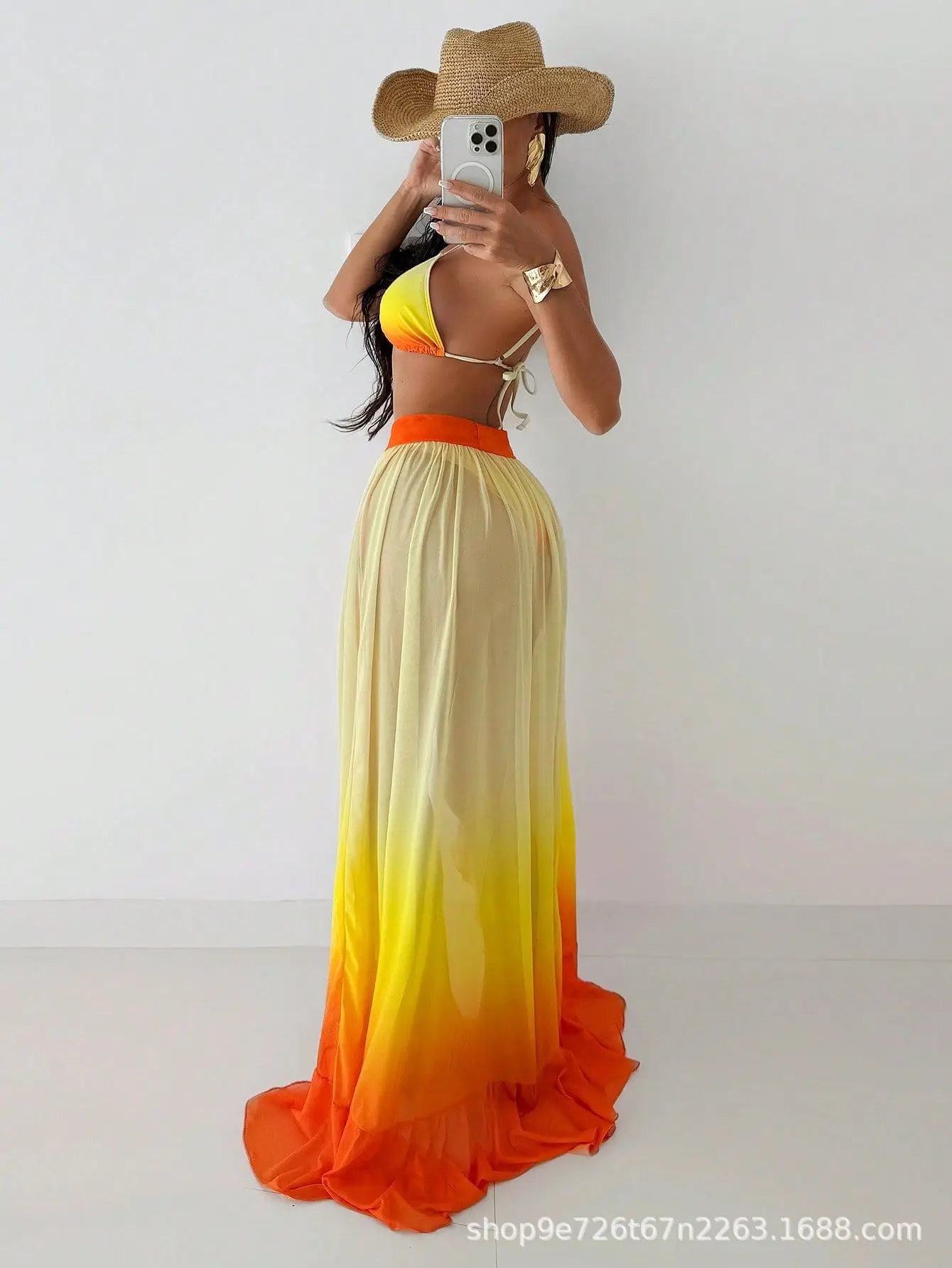 2025 Sunset Ombre Bikini Set Women's Sexy Middle Eastern Style Swimwear Ruffled Triangle Top & Tie Side Bottom Three Piece Suit