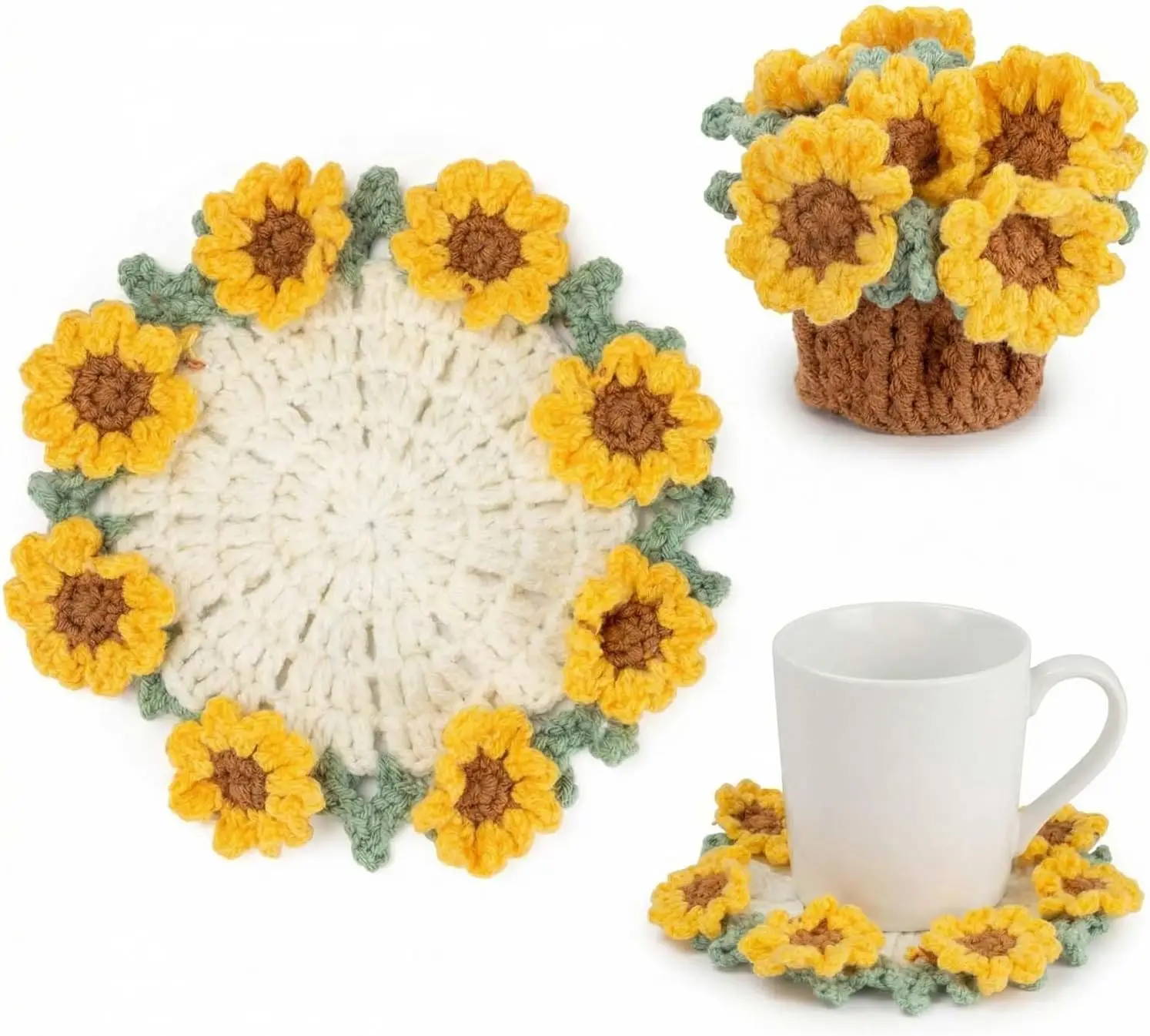 Knitted crochet sunflower potted plant heat-resistant coaster, suitable for coffee/tea/drinks, cute desktop protective pad