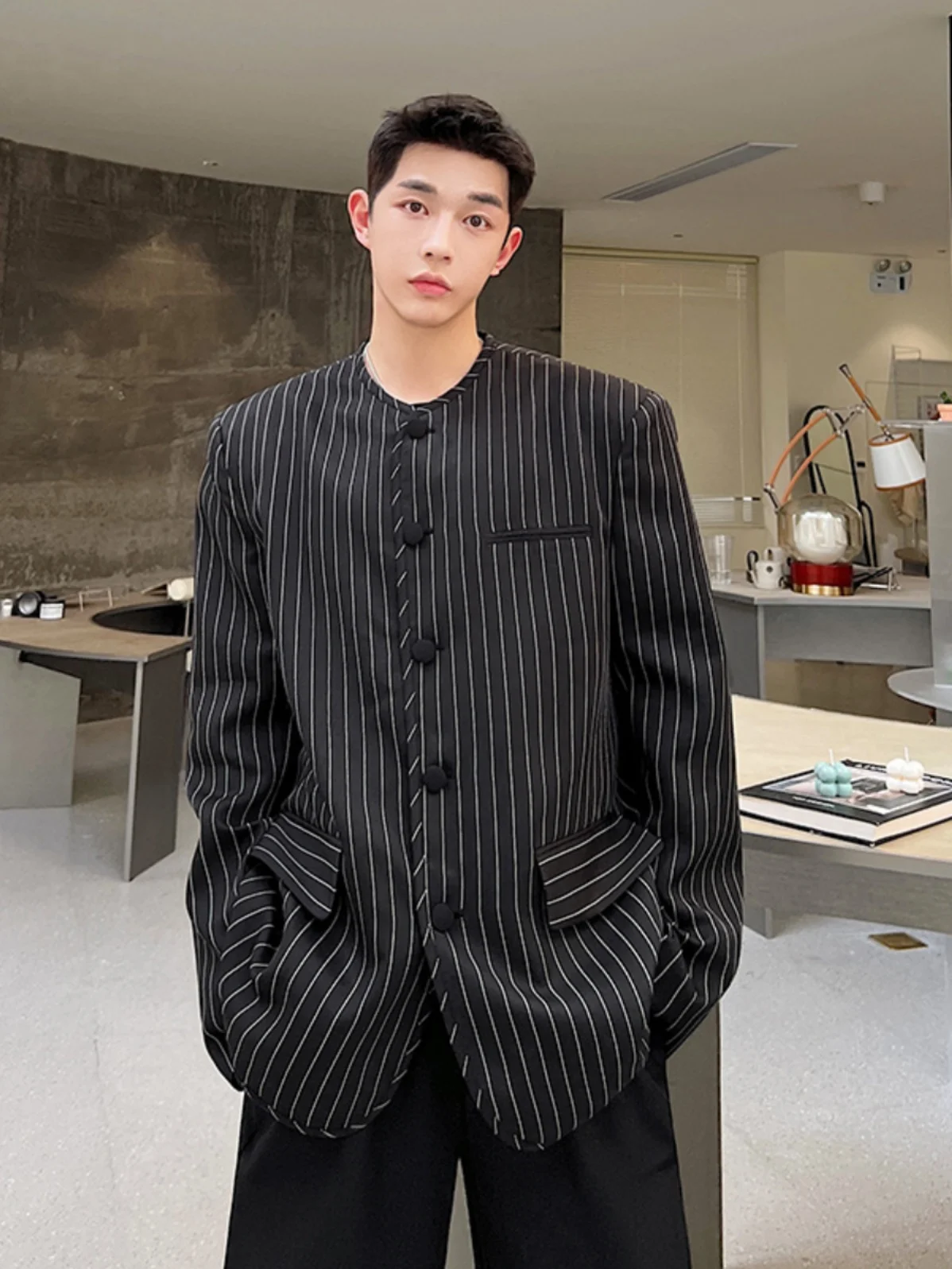 

Spring Autumn Men's Stripe Suit Jaet Casual oulder Pad No Collar Long Sve Regular Fit Youth Faion Trend