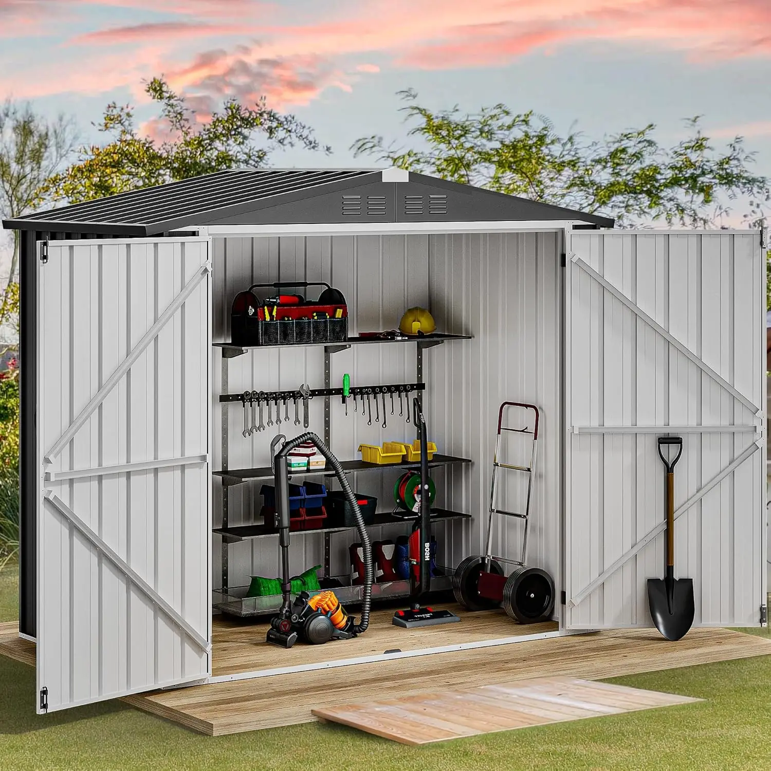 

Outdoor Storage Shed, Large Metal Tool Sheds, Heavy Duty Storage House with Lockable Doors & Air Vent for Backyard Patio Lawn