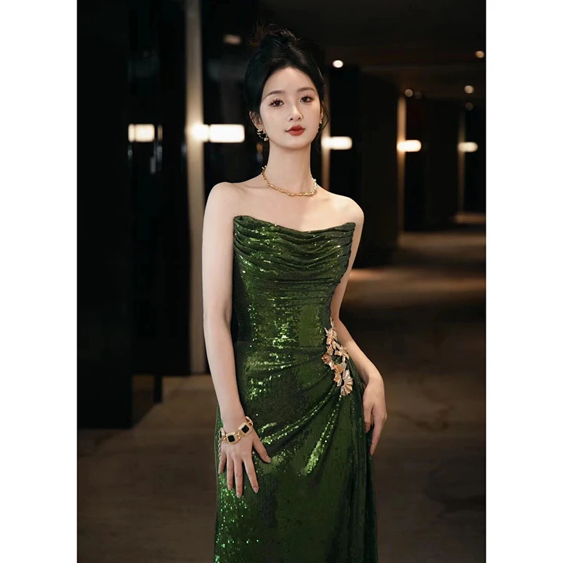 Customized Luxury Sequins Green Mermaid Evening Dress Sexy Strapless Glittering High-Split Prom Formal Gowns Vestidos De Noche