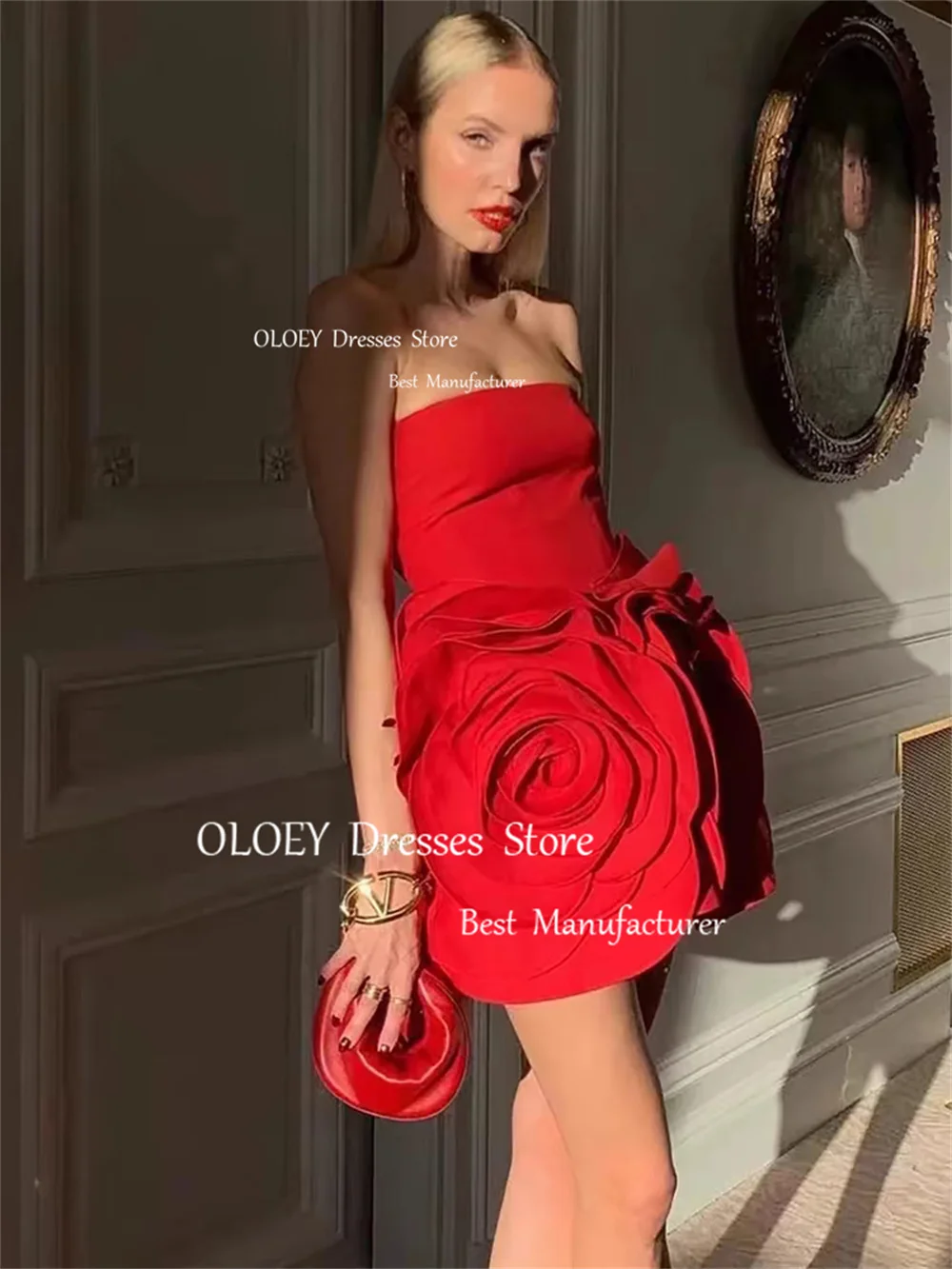 OLOEY-exquisitos vestidos de noche con flores en 3D, sin tirantes, sin mangas, satén, vestidos de fiesta formales, por encima de la rodilla, personalizados