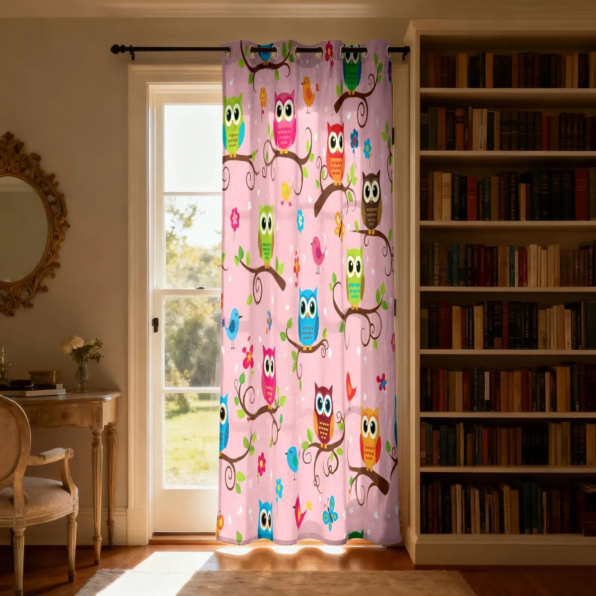 1pc Cartoon Owl Printed Loop Curtains Blackout Doors Living Room Bedroom Bathroom Partitions Privacy Perforated Hanging Curtains