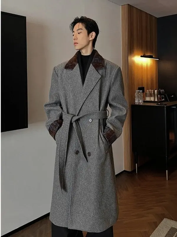

High-End ey Contrast Color Splicing Men's Long Over-Knee Woolen Coat Briti Korean Sle Loose Fit Youth Faion