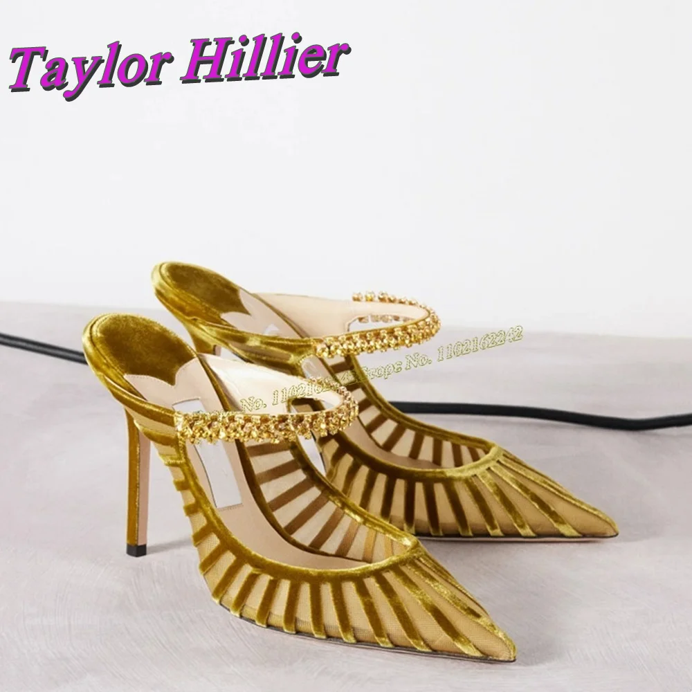 Chic Hollow Rhinestone Mesh Pumps Solid High Heels Pointed Toe Slip On Stiletto Dress Dating Gentle Women 2024 Sandals