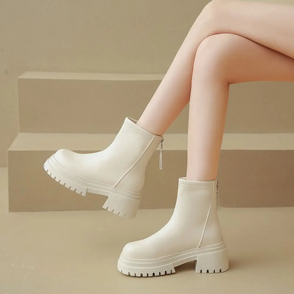 Platform Women Ankle Boots Chunky Mid Heels Leather Plus Size Shoes Woman Winter New 2025 Trend Cozy Motorcycle Botas De Mujer