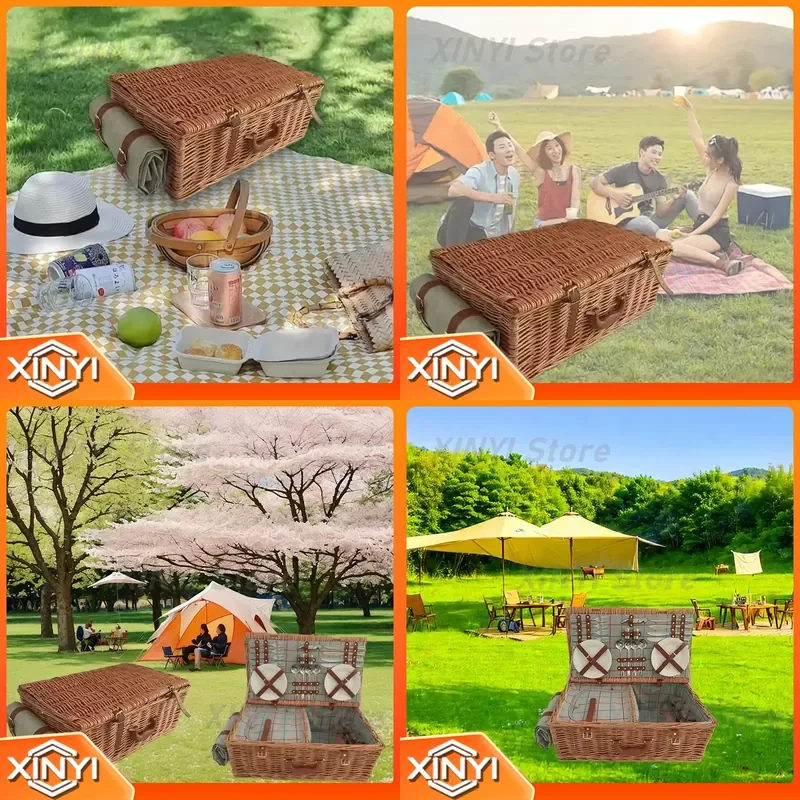 4 Person Outdoor Wicker Picnic Basket Set with Plates and Cutlery Hamper
