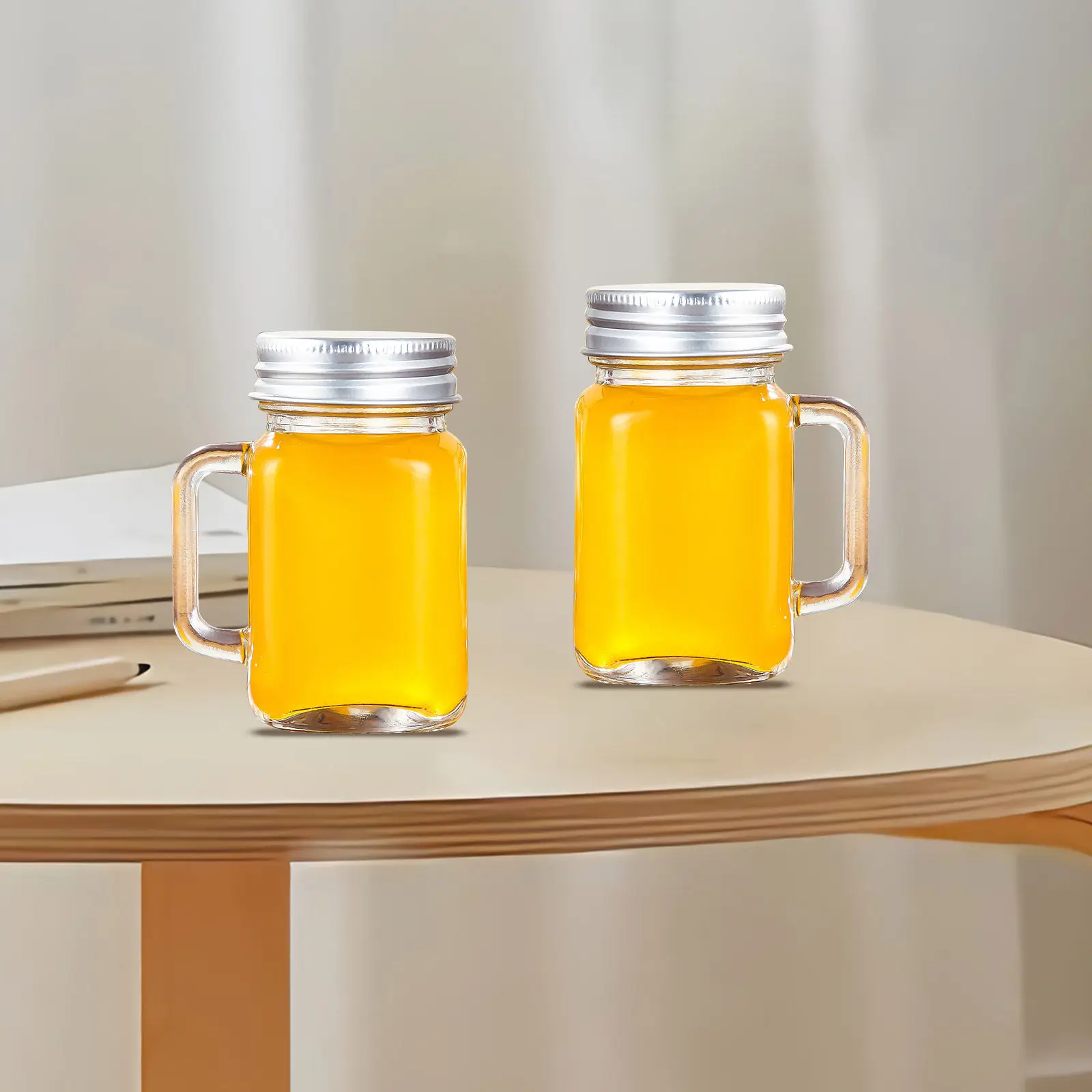 Juego de 4 Mini Frascos de Vidrio con Tapa Hermética y Asa para Almacenar Miel y Mermelada