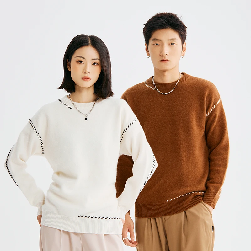 autumn and winter new style bright line design color colliding turtleneck sweater men casual and loose matching couple sweater