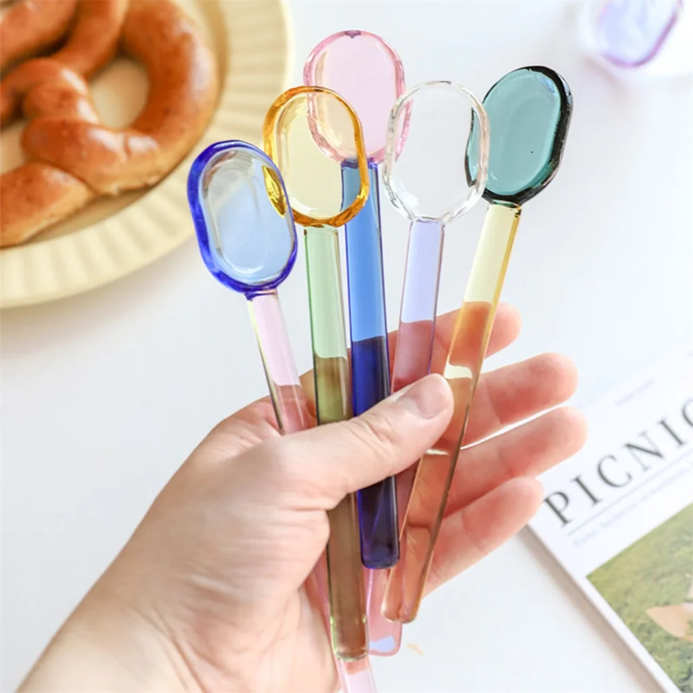 1pc Glass Dinnerware Mixing Spoons Tea Dessert Coffee Ice Cream Bar Kitchen Tools New Long Handle Oval Head Milk Yogurt Scoops