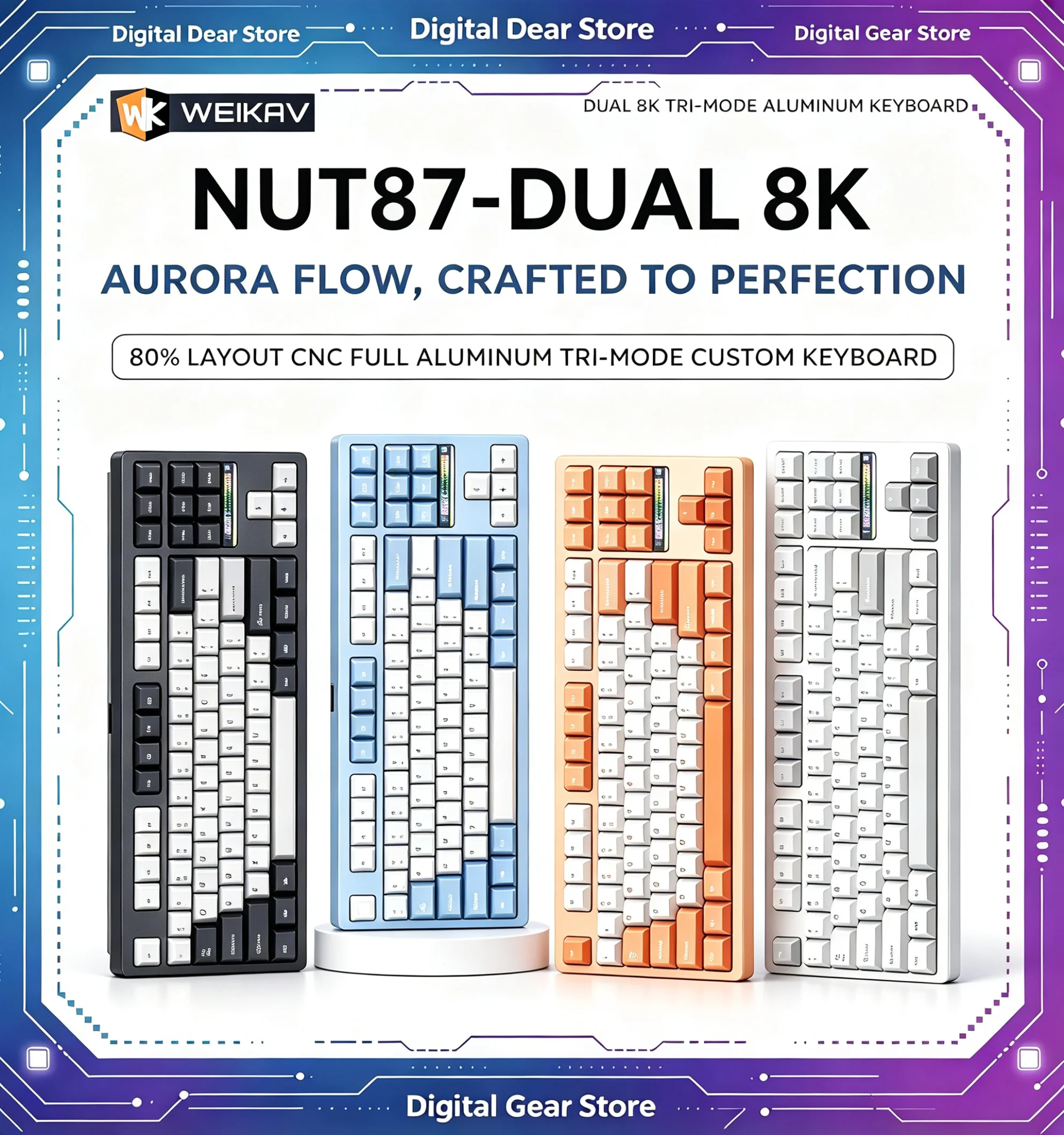 WEIKAV Nut87 CNC Aluminum Wireless Magnetic Gaming Mechanical Keyboard Dual 8K 10000mAh Quick Release RGB Backlit Keyboard
