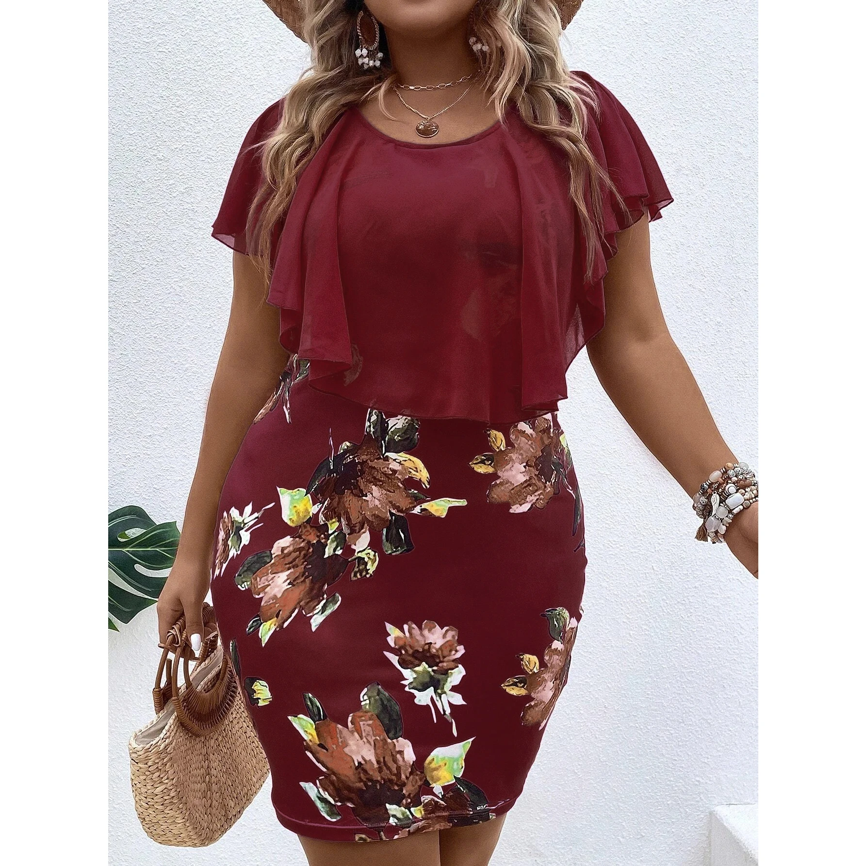 Summer New Women's Chiffon round Neck Mesh Print Loose Wrap around Skirt Dress Short Length Plant Floral Patterned Casual Dress