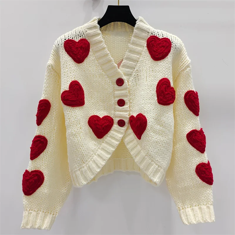 Cardigan for women 2024 autumn New outerwears heart-shaped embroidered long sleeved top Elastic knit slim fit Women's sweater