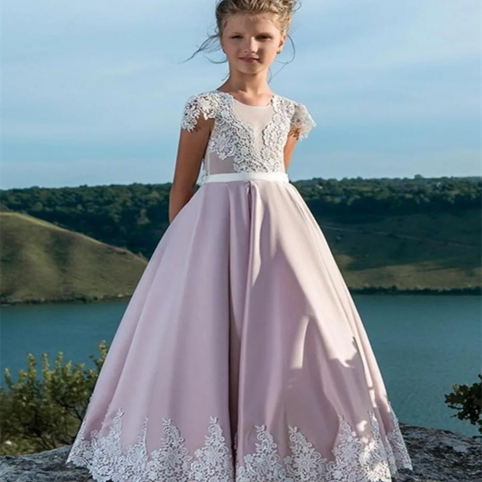 Vestidos de casamento rosa para meninas, apliques de renda, manga curta, até o chão, concurso, primeira comunhão