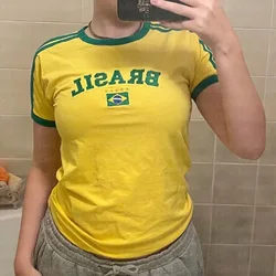 Summer Y2K clothes Aesthetic Women's Letter Brazilian Embroidery Streetwear Short Sleeve T-shirt Harajuku Splicing sports top