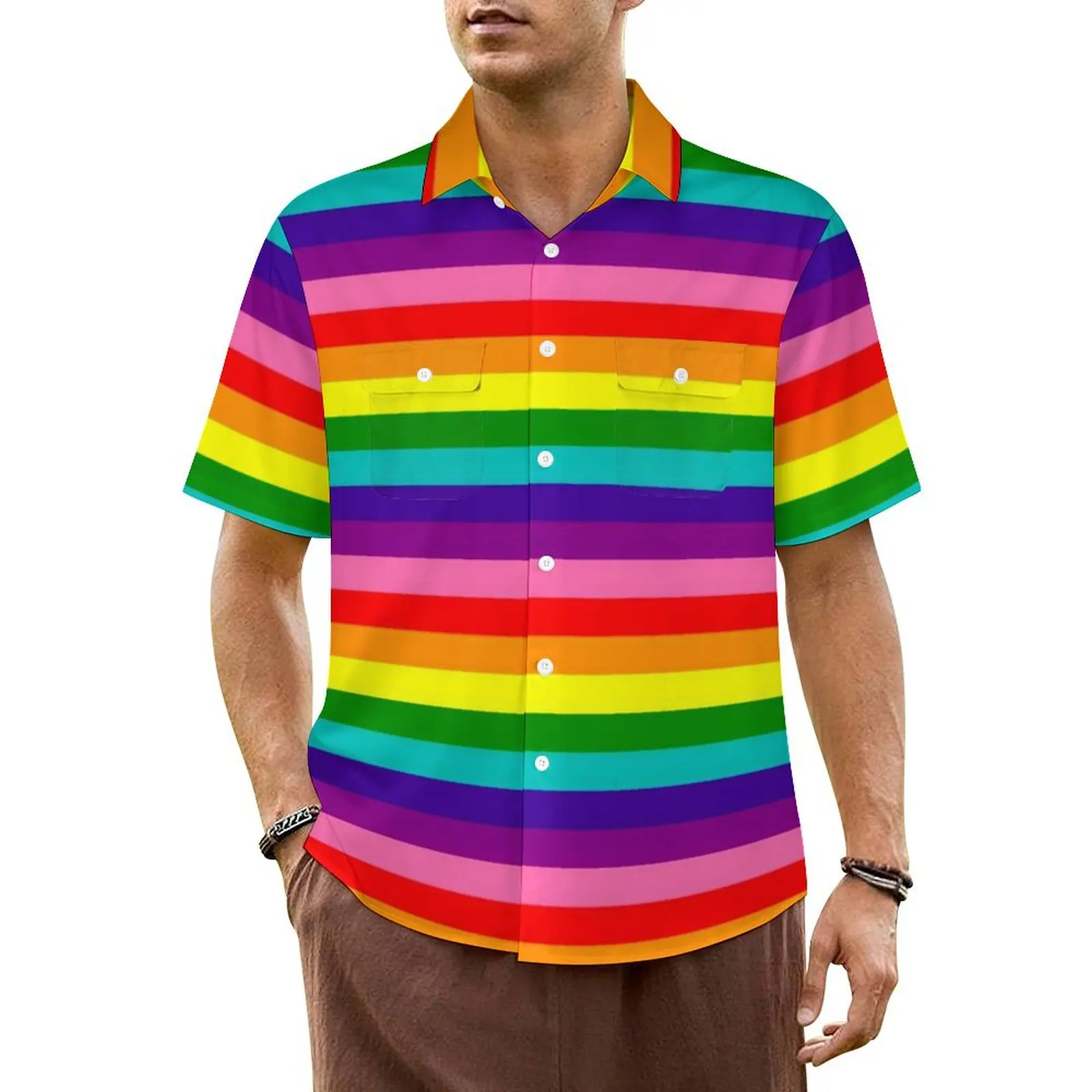 

Rainbow Pride Flag Vacation Shirt Man LGBT Colorful Stripes Novelty Casual Shirts Hawaiian Short Sleeve Streetwear Blouses Gift