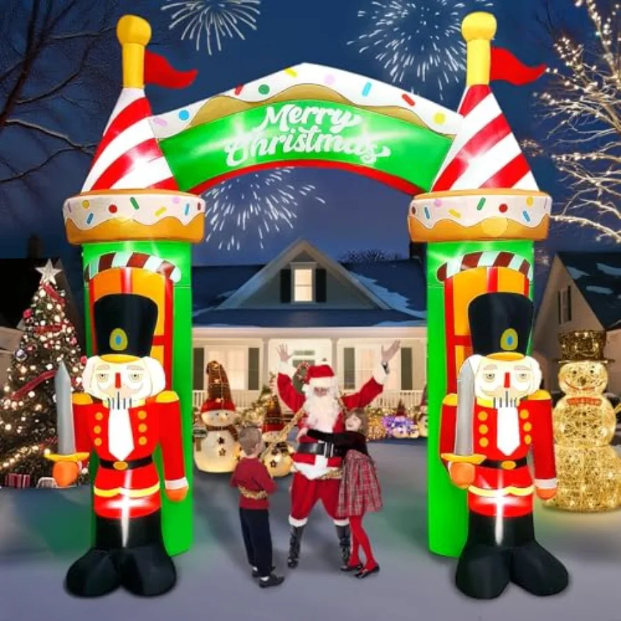 

Outdoor 9FT inflatable archway for Christmas decoration, PVC material, red and white color, built-in LED lights for garden, yar