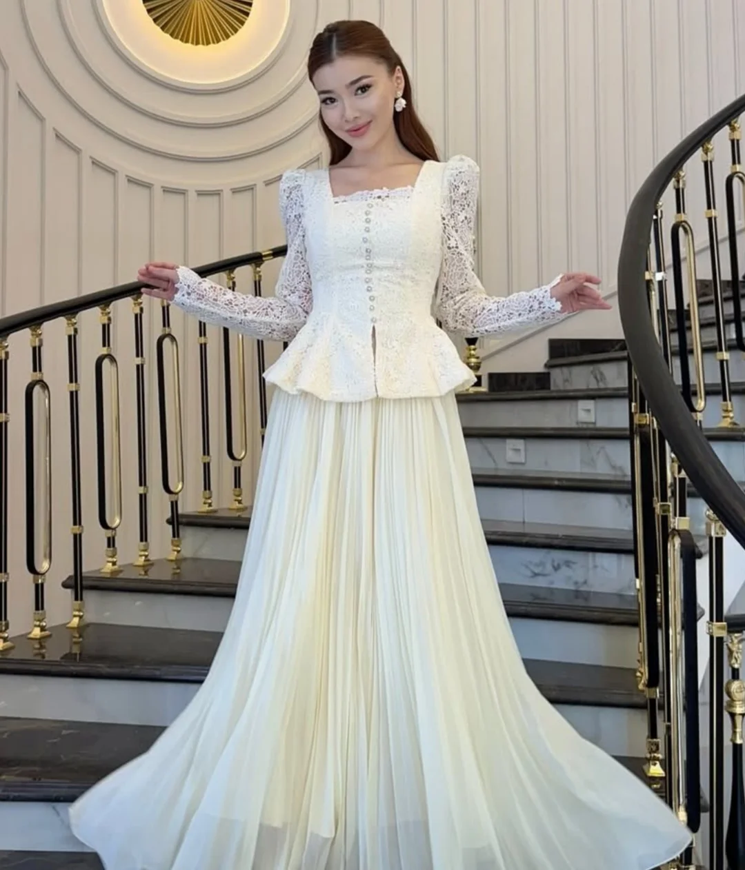 

Lovestory платья для выпускного вечера с длинными рукавами Vestidos De Fiesta с квадратным вырезом плиссированные кружевные вечерние платья длиной до пола, вечерние платья