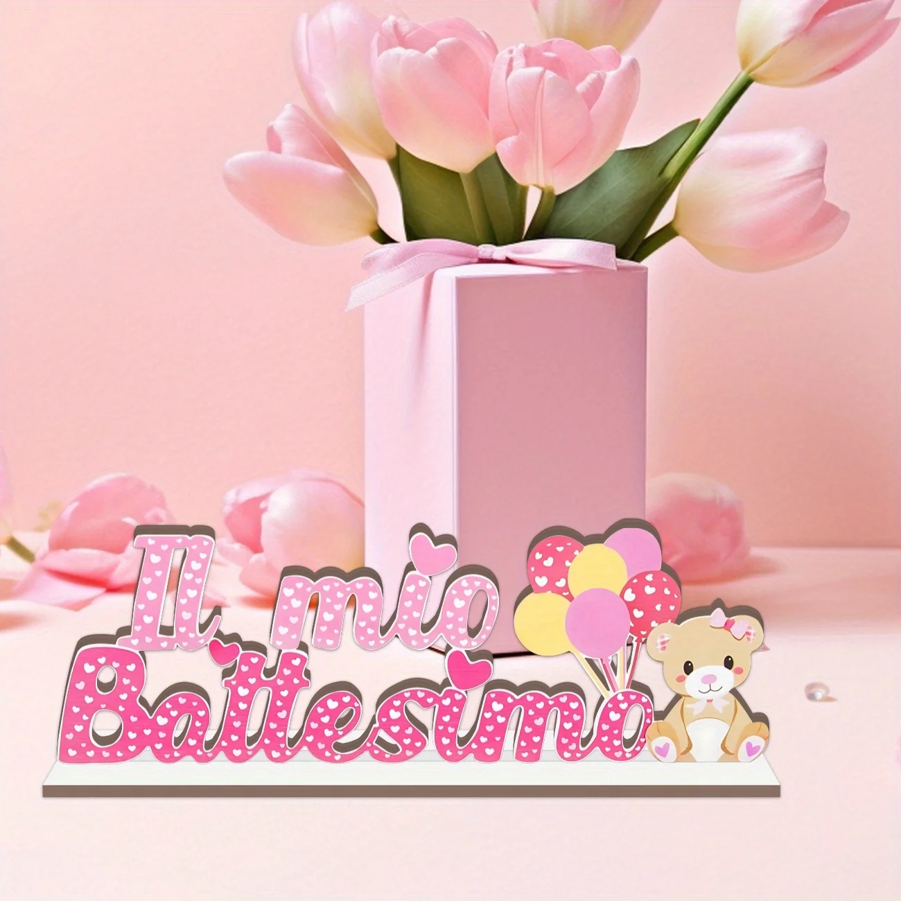 Rosa Decorazione Il Mio Battesimo Bambina Centrais de Mesa - Centrotavolo Scritta Legno Rosa, Orso, Palloncini - Decorazione