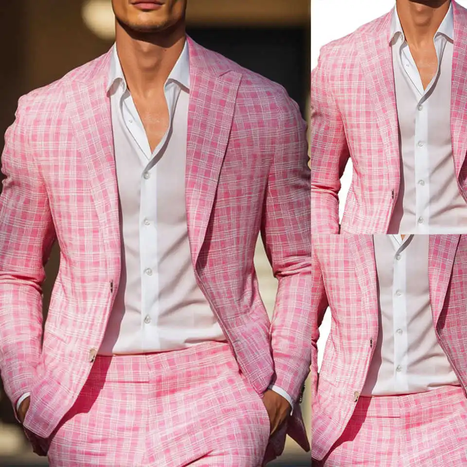 Esmoquin de cuadros rosas de verano para hombre, solapa con visera, ropa Formal para fiesta de cumpleaños y novio, trajes de Cosplay personalizados, 2 piezas
