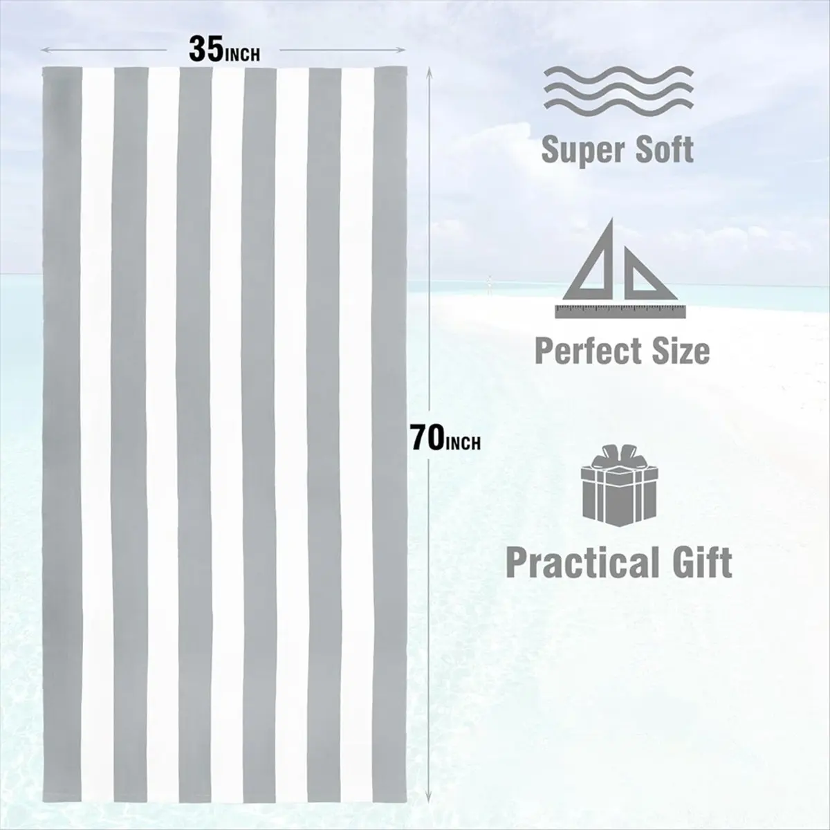 BAAU Large Oversized Beach Towel - 35 X 70 Inch Plush Microfiber Pool Towel, Striped Quick Dry Swim Towel Grey