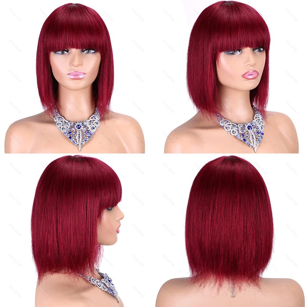 باروكة شعر بشري بوب أحمر خمري 99J حرير مستقيم مع غرة هامشية مصنوعة آليًا للنساء 8 بوصة 10 بوصة
