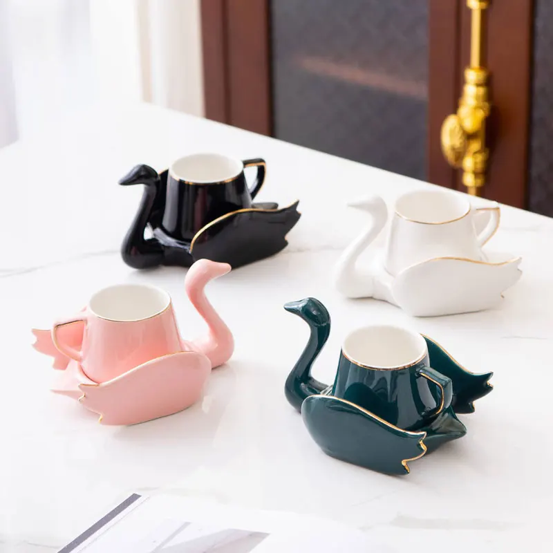 

Creative Delicate Swan Coffee Cup Saucer Set with Gold Rim Small Cute Teacup Tableware Ceramic Cups and Saucers Lovely Gifts